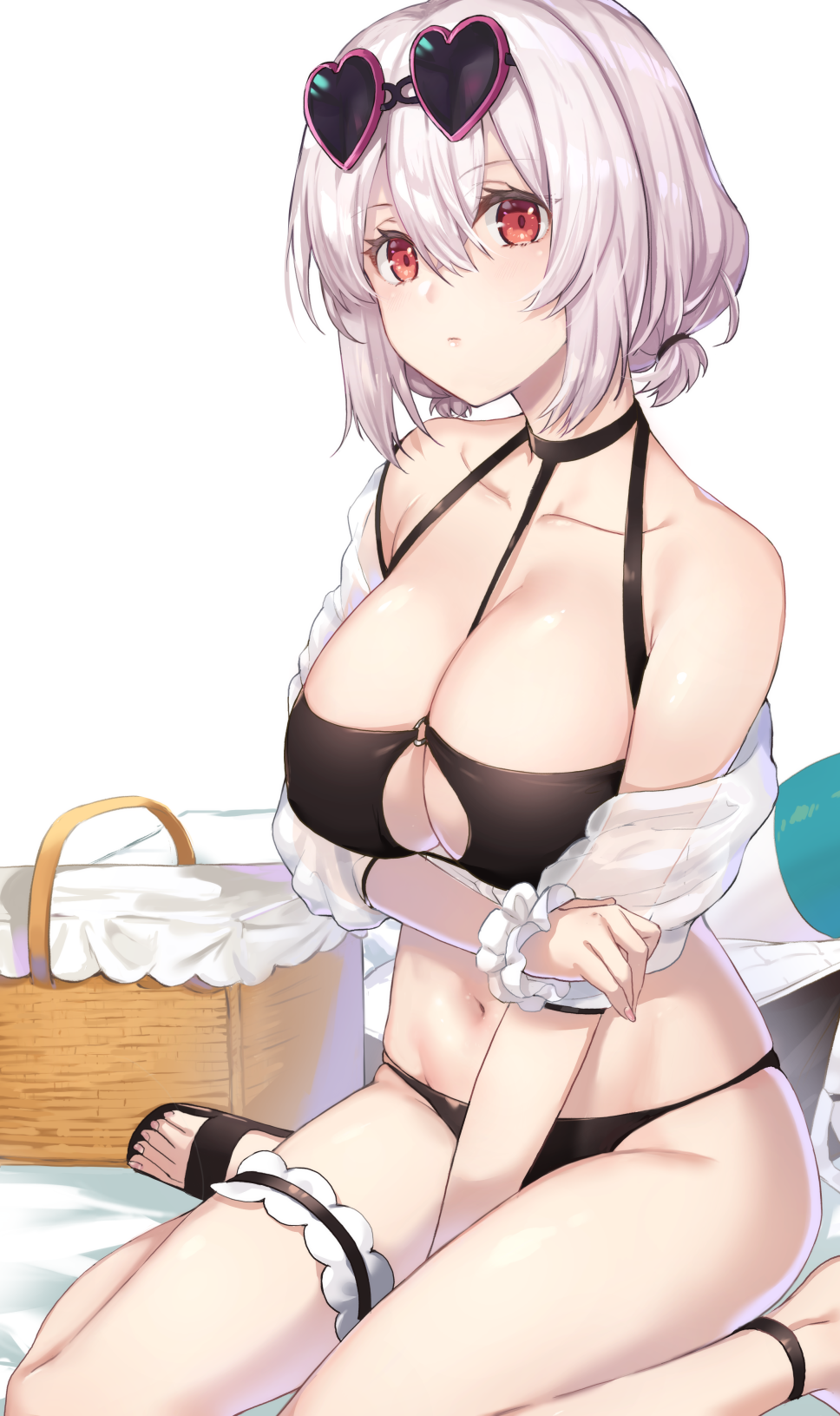 1girl arm_grab azur_lane beach_towel between_breasts bikini black_bikini breast_hold breasts cleavage cleavage_cutout closed_mouth clothing_cutout collarbone commentary_request expressionless eyewear_on_head female_focus fingernails hair_between_eyes halterneck hand_on_own_elbow heart heart-shaped_eyewear highres kon_(k0n16) large_breasts looking_at_viewer nail_polish navel o-ring o-ring_top red_eyes see-through_clothes short_hair sidelocks simple_background sirius_(azur_lane) sirius_(scorching-hot_seirios)_(azur_lane) sitting solo stomach swimsuit toes towel transparent white_hair wrist_cuffs