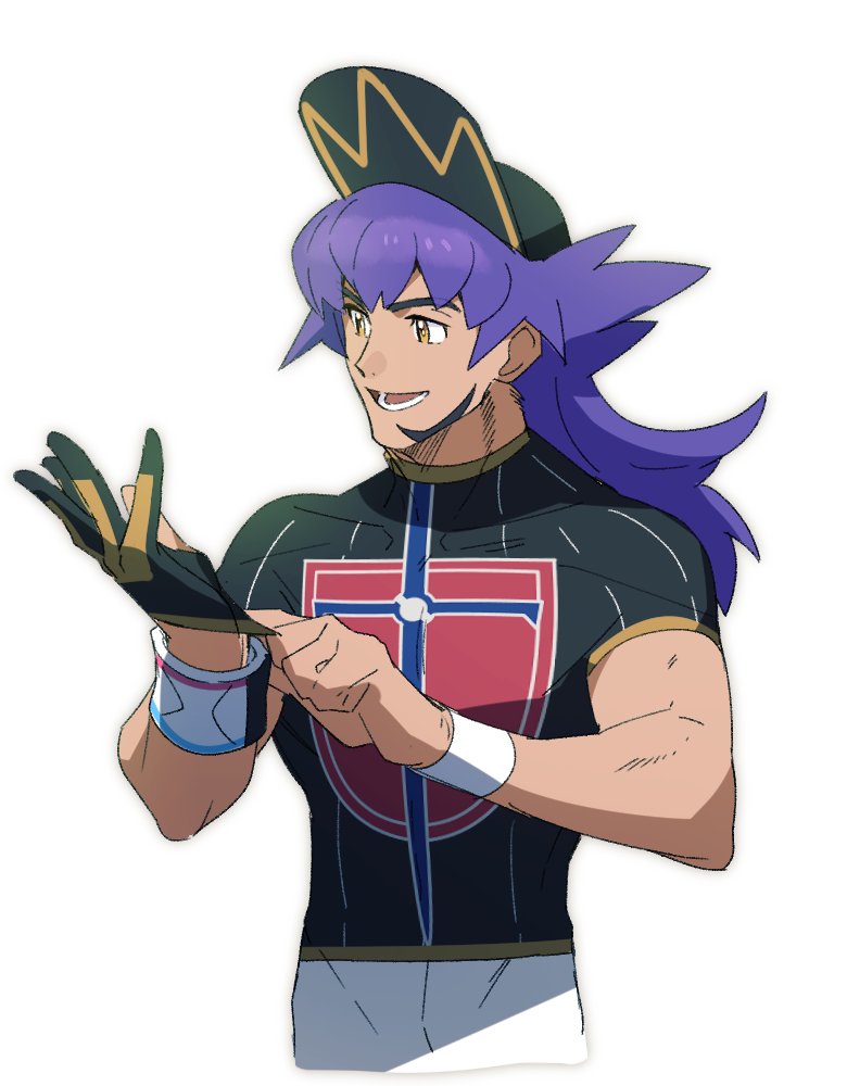 1boy adjusting_clothes adjusting_gloves baseball_cap champion_uniform dynamax_band facial_hair gloves hat leon_(pokemon) long_hair lower_teeth_only male_focus morio_(poke_orio) nintendo open_mouth partially_fingerless_gloves pokemon pokemon_swsh shield_print shirt short_sleeves shorts simple_background single_glove solo sword_print teeth white_background white_shorts yellow_eyes
