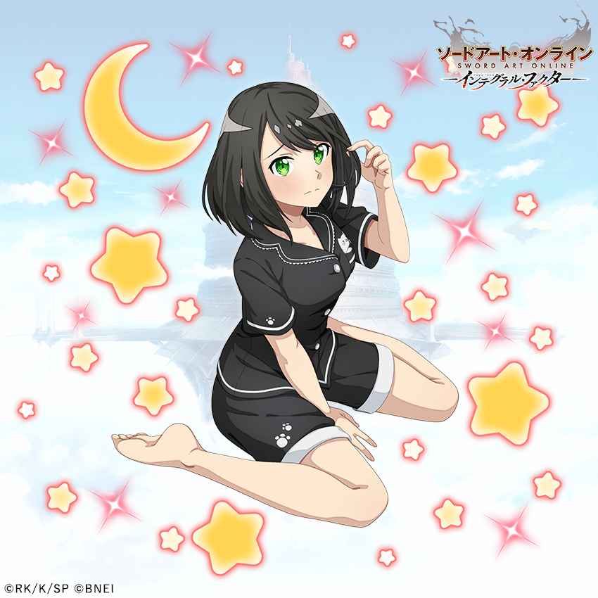 1girl bare_legs barefoot black_hair black_pajamas black_shirt black_shorts breasts collarbone company_name copyright_notice full_body furrowed_brow game_cg green_eyes koharu_(sao) light_blush medium_breasts medium_hair official_art pajamas shirt short_sleeves shorts sitting solo star_(symbol) sword_art_online sword_art_online:_integral_factor thighs wariza