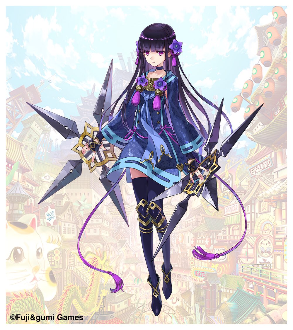 1girl blue_dress blue_footwear blue_thighhighs blunt_bangs closed_mouth da-kuro dress expressionless flower full_body hair_flower hair_ornament holding holding_weapon kikyou_(shinobi_nightmare) long_hair looking_at_viewer official_art phantom_of_the_kill purple_eyes purple_flower purple_hair second-party_source shinobi_nightmare solo thighhighs tiptoes weapon