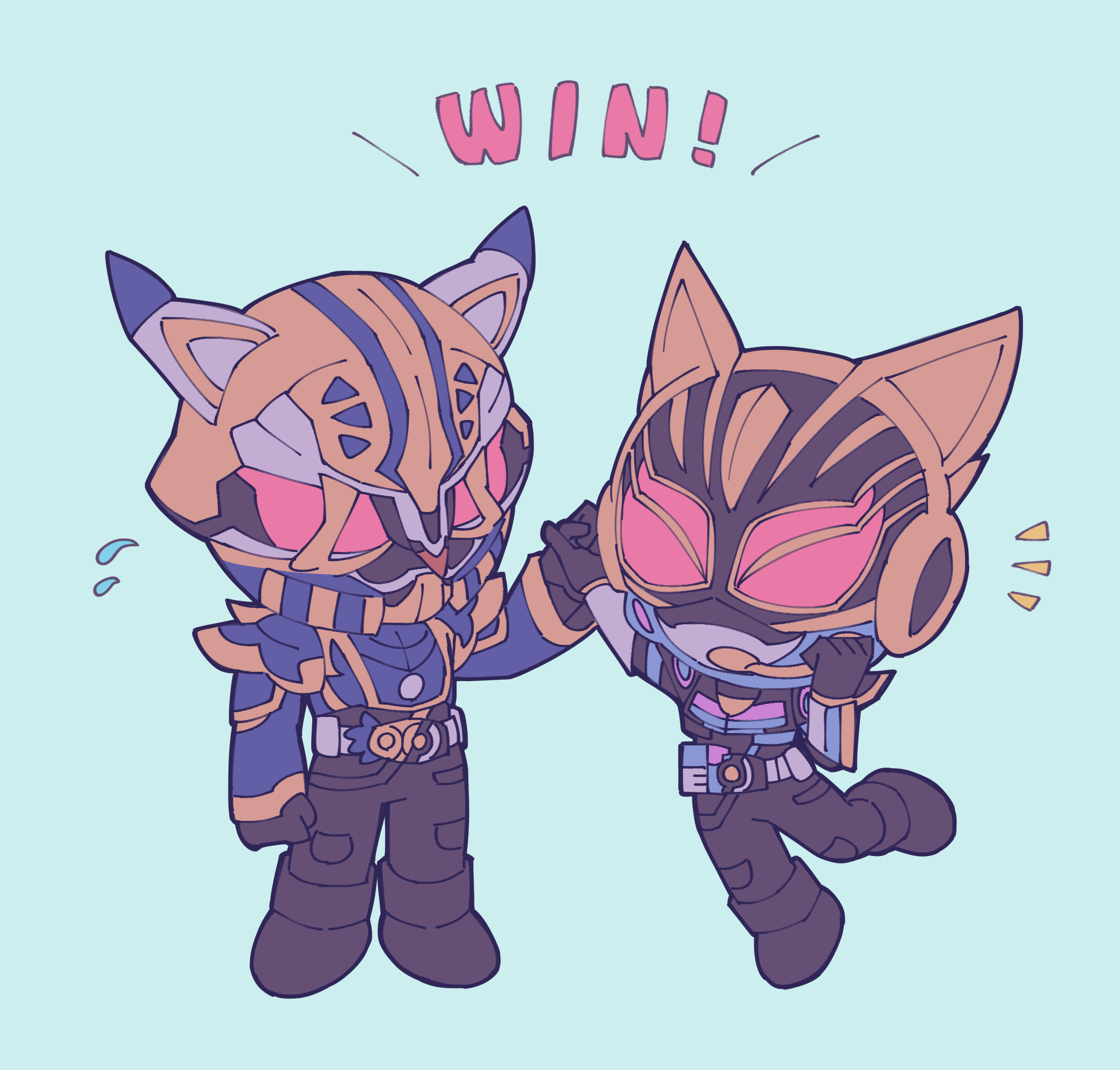 1boy 1girl animal_ears armor beat_buckle black_bodysuit black_gloves blue_armor blue_sleeves bodysuit breasts cat_ears chibi clenched_hand clenched_hands desire_driver fangs fantasy_buckle father_and_daughter fingernails gloves glowing glowing_eyes gold_trim highres holding horns id_core kamen_rider kamen_rider_geats_(series) kamen_rider_gya-go kamen_rider_na-go looking_at_viewer medium_breasts mori_(enignuma797) raise_buckle red_eyes rider_belt tokusatsu