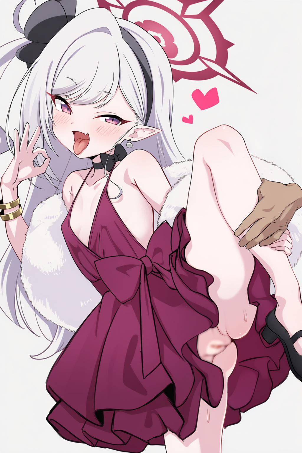 1girl bad_tag blue_archive blur_censor breasts censored clothes_lift disembodied_hand dress dress_lift earrings fang hair_ornament hairband highres jewelry leg_grab legs loli mesugaki mutsuki_(blue_archive) nekone_(1354143196) no_panties pointy_ears ponytail purple_eyes side_ponytail skin_fang small_breasts socks solo_focus standing standing_on_one_leg sweat thighs tongue tongue_out