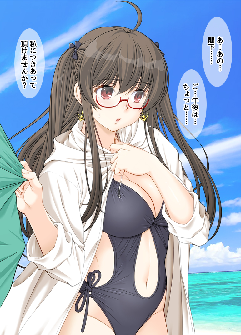 1girl ahoge azur_lane breasts brown_hair cleavage earrings glasses harukaze_doujin jacket jewelry large_breasts london_(azur_lane) london_(retrofit)_(azur_lane) long_hair red-framed_eyewear red_eyes retrofit_(azur_lane) semi-rimless_eyewear shy swimsuit