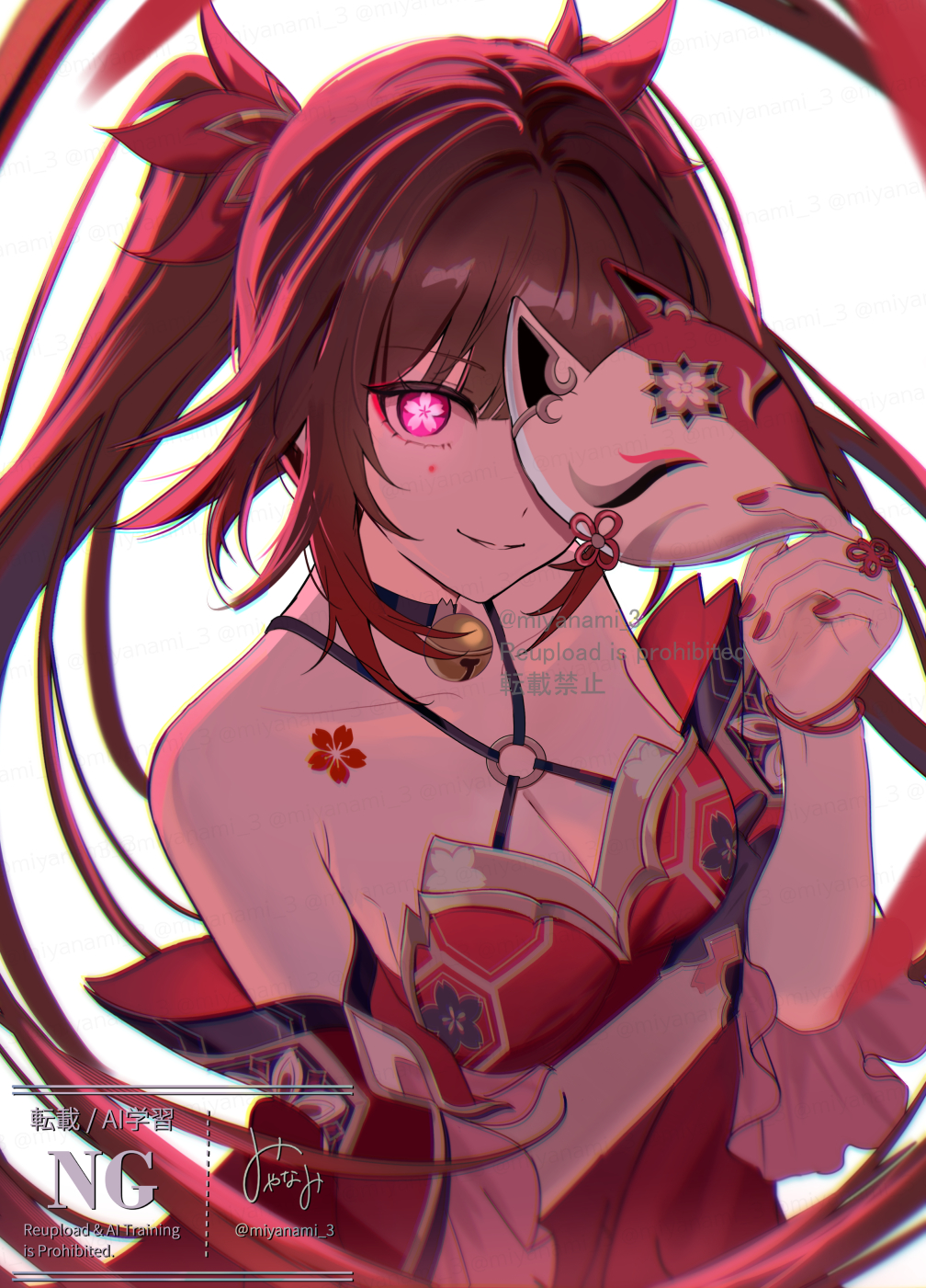 1girl arm_under_breasts bare_shoulders bell black_choker breasts brown_hair choker collarbone detached_sleeves dress floating_hair flower-shaped_pupils flower_tattoo fox_mask gloves glowing_pupils highres holding holding_mask honkai:_star_rail honkai_(series) looking_at_viewer mark_under_eye mask medium_breasts miyanami_3 neck_bell parted_lips red_dress red_nails red_sleeves single_glove smile solo sparkle_(honkai:_star_rail) symbol-shaped_pupils tattoo twintails upper_body white_background