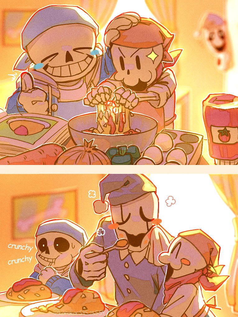 3boys apron blue_apron blue_jacket blue_pajamas blush brothers closed_eyes cooking eating father_and_son hat holding holding_spoon jacket korokor59513559 looking_at_another male_focus multiple_boys pajamas papyrus_(undertale) plate red_apron red_scarf sans_(undertale) scarf siblings skeleton smile spoon teeth undertale w.d._gaster