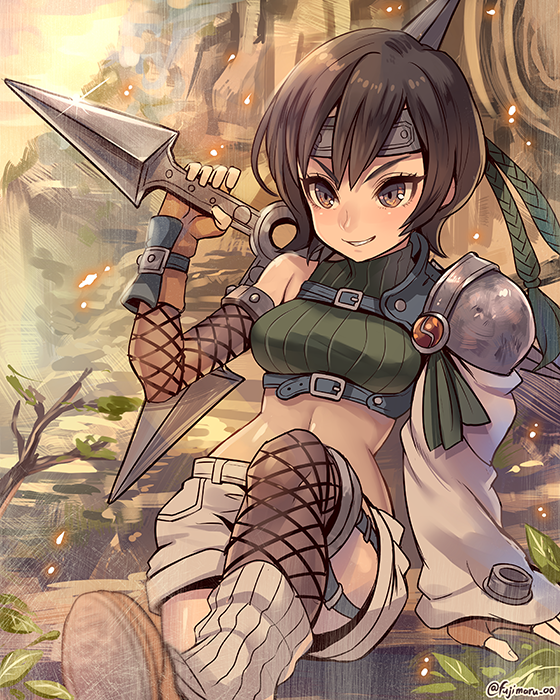 1girl arm_guards armor asymmetrical_legwear beige_shorts brown_eyes brown_hair chest_strap final_fantasy final_fantasy_vii fingerless_gloves fishnets fujimaru_(green_sparrow) gloves green_shirt headband holding holding_weapon leg_warmers midriff over_shoulder shirt short_hair shoulder_armor shuriken sitting sleeveless sleeveless_turtleneck smile solo square_enix teeth tree turtleneck weapon weapon_over_shoulder yuffie_kisaragi
