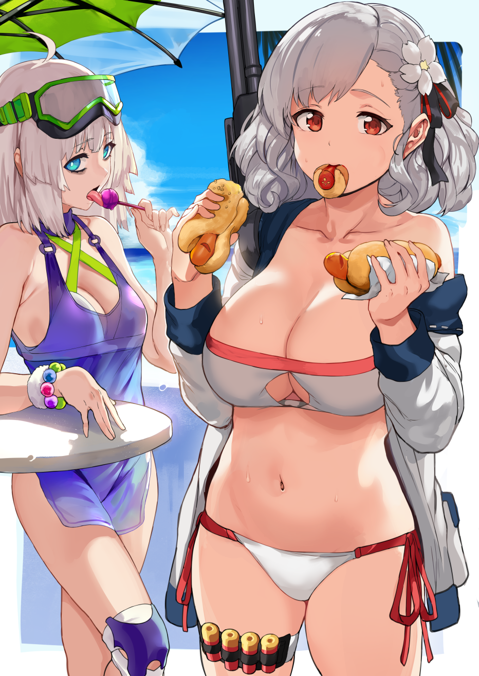 12-gauge 12-gauge_(2_3/4_inch_shell) 2girls aa-12_(girls&#039;_frontline) aa-12_(the_sun_never_rises)_(girls&#039;_frontline) ahoge ammunition aqua_eyes bags_under_eyes beach_umbrella bikini bracelet breasts candy cleavage collarbone commentary criss-cross_halter curly_hair curvy dual-mode_shotgun eating feet_out_of_frame flower food food_in_mouth franchi girls&#039;_frontline grey_hair gun hair_flower hair_ornament halterneck headwear_request hews highres hot_dog jewelry knee_pads large_breasts licking lollipop looking_at_viewer medium_breasts medium_hair multiple_girls navel official_alternate_costume platinum_blonde_hair pump-action_shotgun pump_action red_eyes semi-automatic_shotgun shotgun shotgun_shell side-tie_bikini_bottom spas-12 spas-12_(girls&#039;_frontline) spas-12_(midsummer_fruit)_(girls&#039;_frontline) standing stomach swimsuit table thighs tongue tongue_out umbrella weapon wet