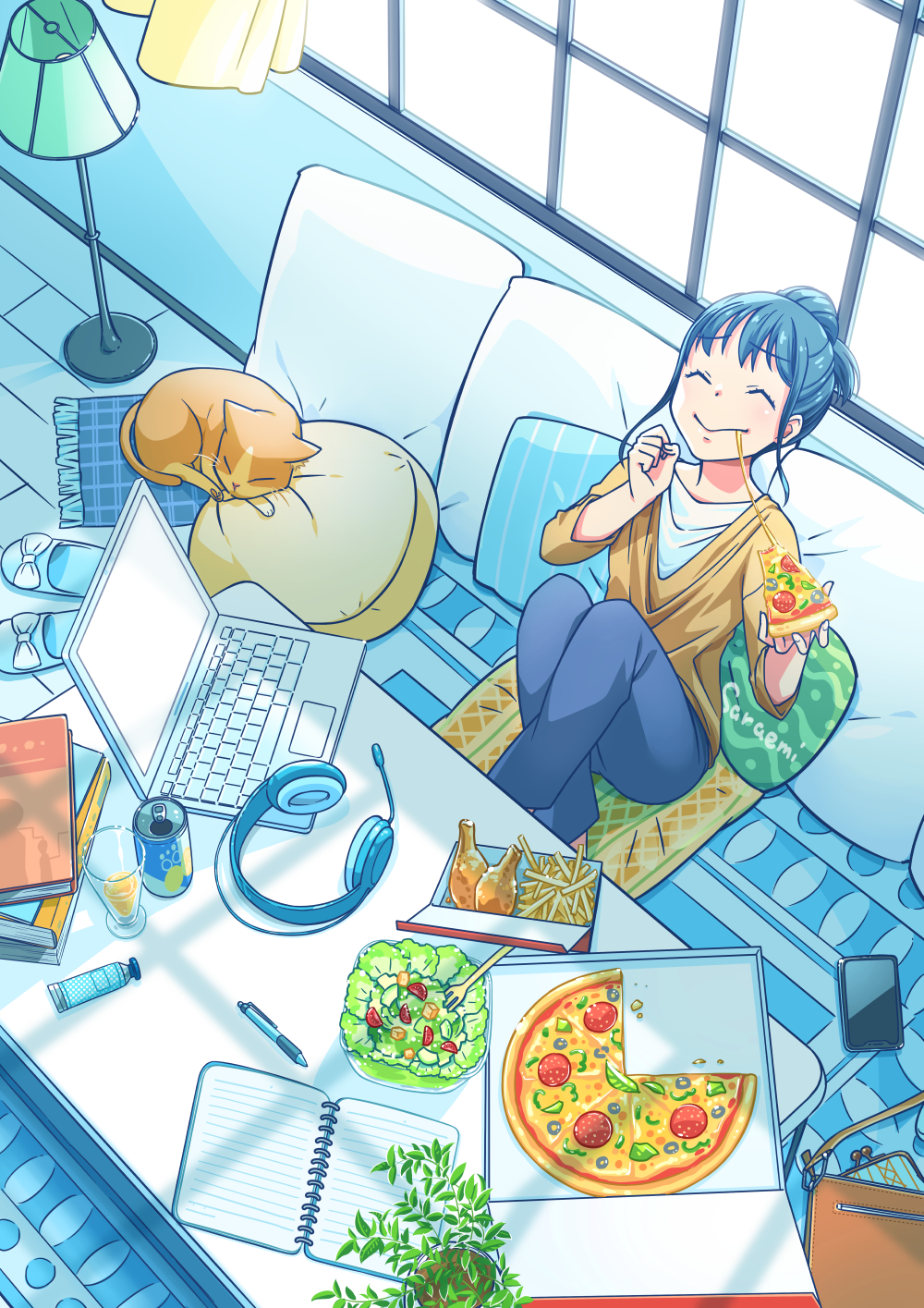 1girl bag blue_hair blue_pants blue_slippers book bottle brown_shirt cat cellphone cheese cheese_trail chicken_(food) chicken_leg crossed_legs cup eating food fork french_fries handbag headset_removed highres holding holding_food holding_pizza indoors lamp notebook original pants pen phone pizza plant ponytail potted_plant salad saraemi shirt sidelocks sitting slice_of_life slippers smartphone smile solo unworn_slippers white_shirt window