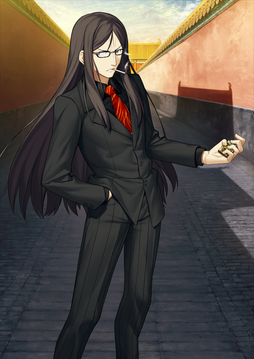 1boy black-framed_eyewear black_jacket black_pants black_shirt black_suit brown_eyes brown_hair buttons cigarette collared_shirt dress_pants fate/grand_order fate_(series) feet_out_of_frame formal_clothes frown glasses hand_in_pocket holding holding_lighter jacket lapels legs_apart lighter long_hair long_sleeves looking_at_viewer looking_to_the_side lord_el-melloi_ii male_focus mouth_hold necktie notched_lapels official_art outdoors pants parted_bangs pinstripe_pants pinstripe_pattern rectangular_eyewear red_necktie scarf shirt sidelocks smoke smoke_trail smoking solo suit suit_jacket takeuchi_takashi teeth third-party_source v-shaped_eyebrows variant_set very_long_hair waver_velvet wing_collar yellow_scarf