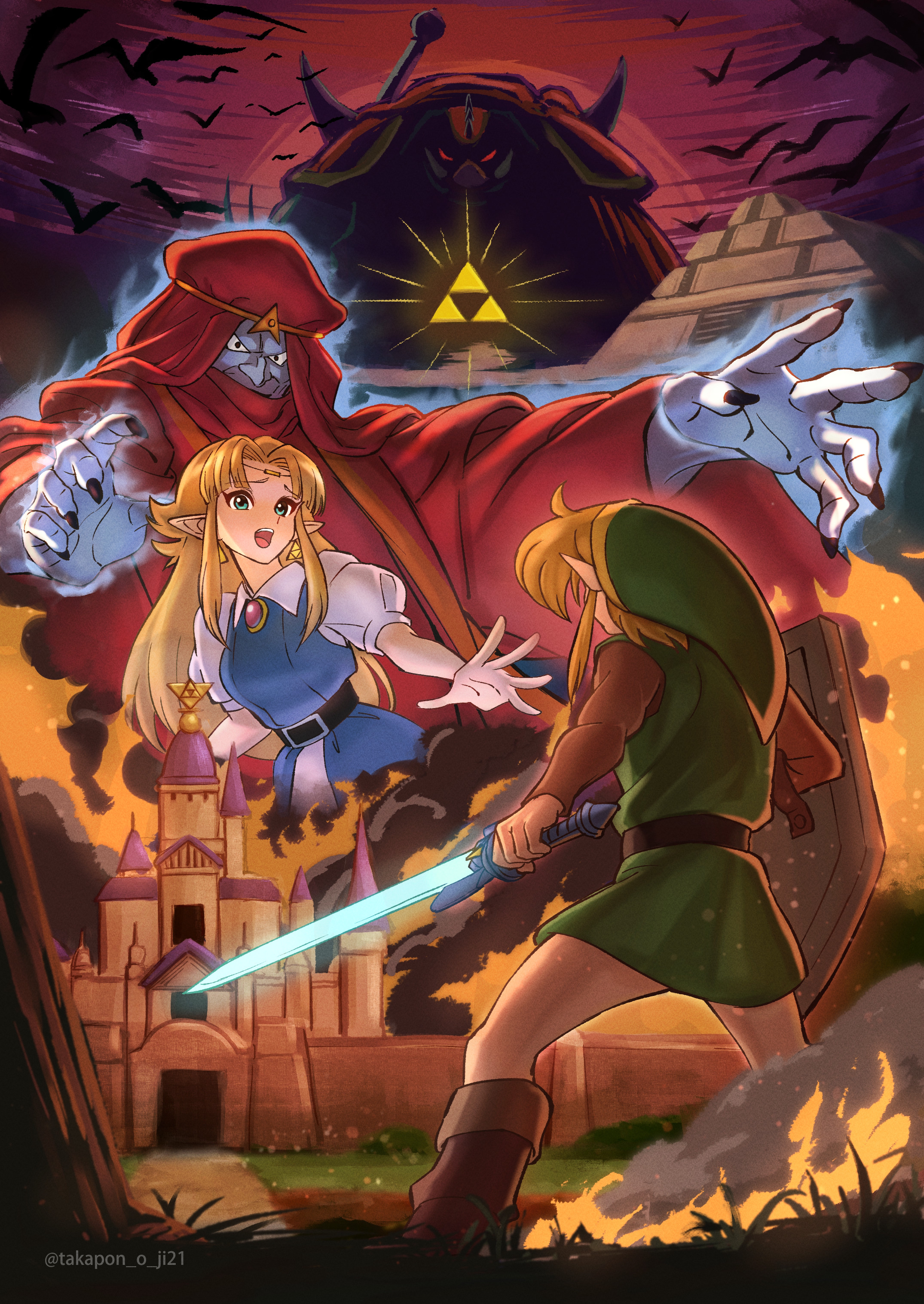 1girl 2boys absurdres agahnim belt belt_buckle black_nails blonde_hair blue_eyes boots brooch buckle castle earrings fingernails ganon hat highres hood hyrule_castle jewelry link long_fingernails long_sleeves master_sword multiple_boys nintendo open_mouth princess_zelda pyramid_(structure) shield smoke takapon-o-ji the_legend_of_zelda the_legend_of_zelda:_a_link_to_the_past triforce tunic yellow_background
