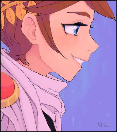 artist_name blue_background blue_eyes brown_hair eyelashes from_side kid_icarus kid_icarus_uprising laurel_crown lowres nintendo piiku pit_(kid_icarus) smile solo upper_body
