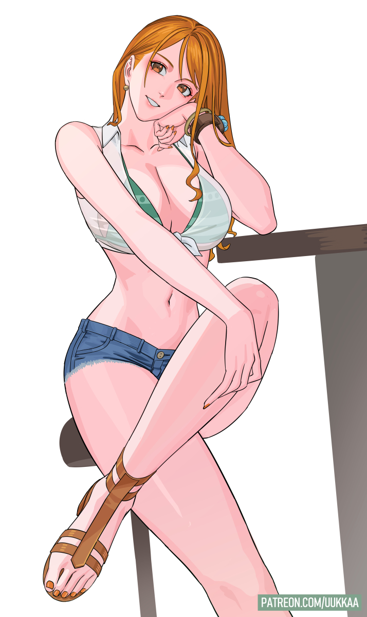 1girl adapted_costume alternate_costume bangle bare_legs bare_shoulders bikini bikini_under_clothes blue_shorts bracelet breasts brown_eyes brown_sandals cleavage collarbone collared_shirt commentary crossed_legs denim denim_shorts earrings elbow_rest feet foot_out_of_frame gold_earrings green_bikini hand_on_own_leg head_rest head_tilt highres jewelry knee_up large_breasts log_pose long_hair looking_at_viewer midriff nail_polish nami_(one_piece) navel one_piece orange_hair orange_nails paid_reward_available parted_lips patreon_username pearl_earrings pink_lips sandals see-through_clothes see-through_shirt shirt short_shorts shorts single_sidelock sitting sleeveless sleeveless_shirt smile solo stomach swimsuit tied_shirt toenail_polish toenails toes uukkaa wavy_hair white_background white_shirt
