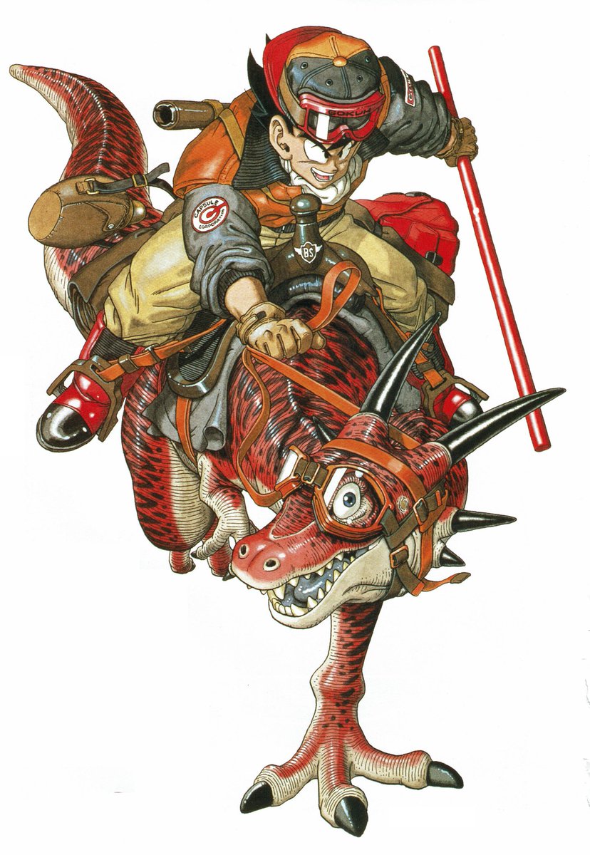1boy backwards_hat bag baseball_cap belt black_eyes black_hair blue_eyes boots brown_gloves canteen capsule_corp character_name clothes_writing dinosaur riding_dinosaur dragon_ball dragonball_z full_body gloves goggles goggles_on_headwear grin hat highres holding holding_weapon jacket looking_at_viewer looking_away male_focus ruyi_jingu_bang official_art orange_jacket pants red_footwear reins riding simple_background sitting smile son_goku standing standing_on_one_leg teeth toriyama_akira weapon white_background