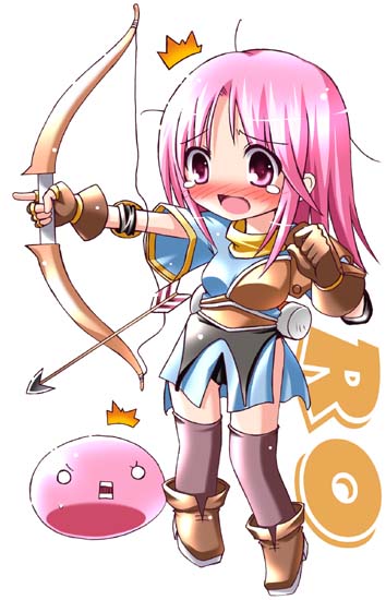 1girl 2000s_(style) archer_(ragnarok_online) arrow_(projectile) black_skirt blue_shirt blush boots bow_(weapon) breasts brown_boots brown_gloves brown_thighhighs chibi chibi_only commentary_request copyright_name failure fingerless_gloves full_body gloves holding holding_bow_(weapon) holding_weapon long_hair medium_breasts messy_hair miniskirt muneate nose_blush open_mouth pink_eyes pink_hair poring ragnarok_online shirt short_sleeves simple_background skirt slime_(creature) solo standing tako_(all_delete) tearing_up thighhighs weapon white_background