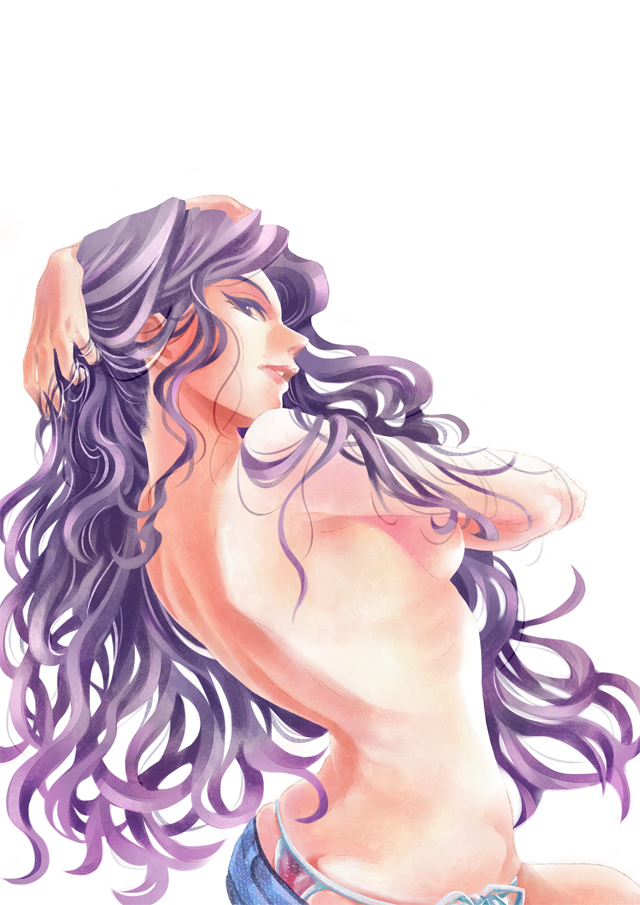 1girl breasts butt_crack female_focus jojo_no_kimyou_na_bouken kumino kumino_(soup) long_hair purple_eyes purple_hair solo topless_female yamagishi_yukako
