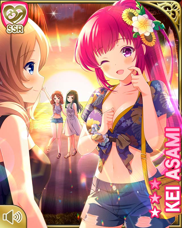 4girls ;d asami_kei bag bare_arms beach blue_shirt breasts card_(medium) character_name cleavage closed_eyes day denim denim_shorts dress flower girlfriend_(kari) hair_flower hair_ornament handbag kokonoe_shinobu medium_breasts multiple_girls official_art one_eye_closed open_mouth outdoors pink_eyes pink_hair ponytail qp:flapper shirt shorts smile sparkle sunset tagme tamai_remi tied_shirt tropical white_dress white_shirt
