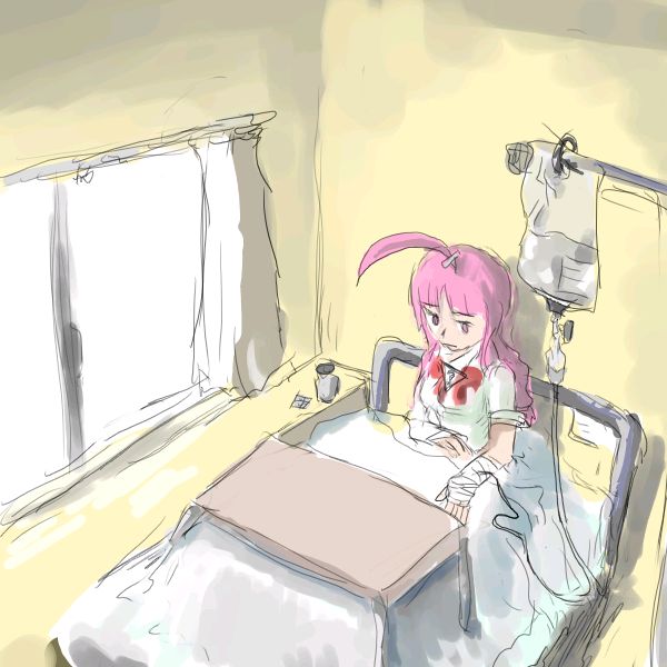 1girl ahoge bandages bed female_focus futaba_channel hospital hospital_bed huge_ahoge indoors intravenous_drip long_hair medical original pink_eyes pink_hair sitting solo under_covers we-tan window