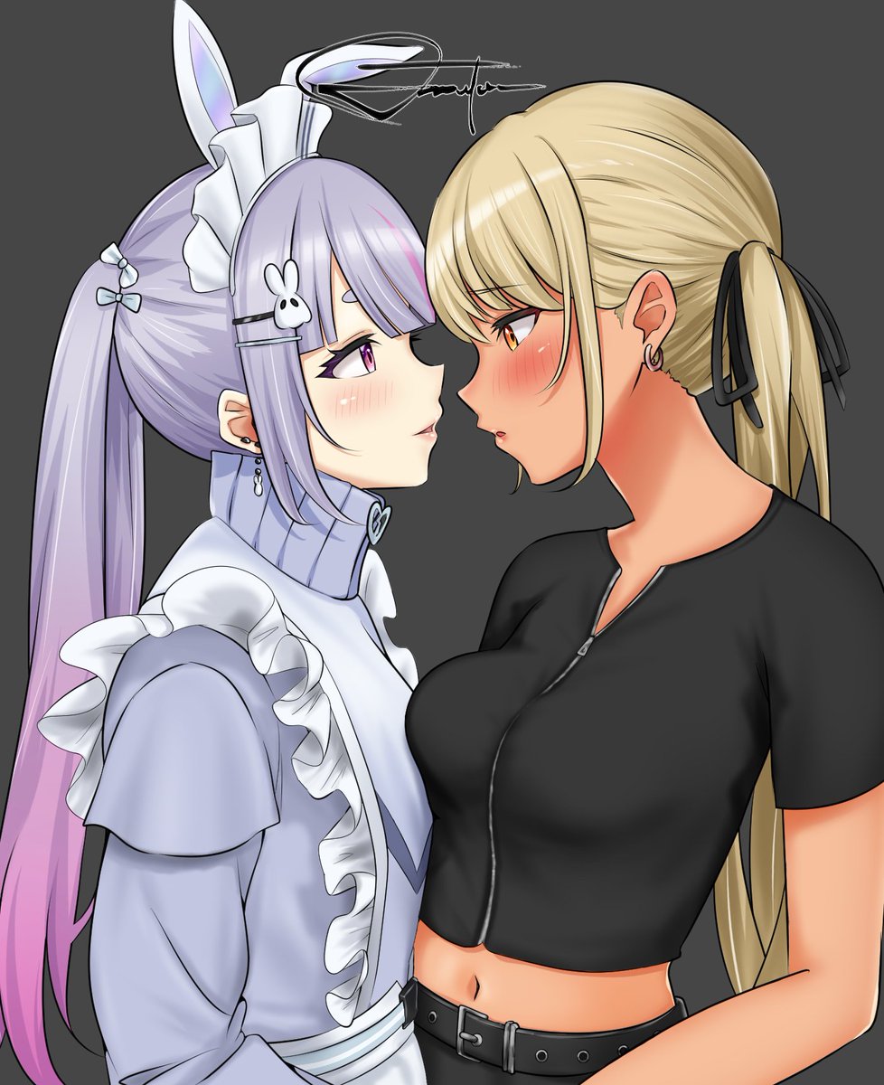 2girls animal_ears apron asymmetrical_docking belt black_background black_belt black_ribbon black_shirt blonde_hair blunt_bangs blush breast_press breasts earrings eye_contact face-to-face grey_hair grey_jacket hair_ornament hair_ribbon hairclip highres imminent_kiss jacket jersey_maid jewelry kaminari_qpi kaminari_qpi_(2nd_costume) long_hair long_sleeves looking_at_another maid maid_apron maid_headdress medium_breasts midriff multicolored_hair multiple_girls muton_(muton82) official_alternate_costume orange_eyes parted_lips pink_hair purple_eyes rabbit_ears rabbit_hair_ornament ribbon shirt short_eyebrows short_sleeves streaked_hair tan tosaki_mimi tosaki_mimi_(4th_costume) turtleneck turtleneck_jacket twintails single_ear_down unconventional_maid very_long_hair virtual_youtuber vspo! yuri zipper zipper_pull_tab