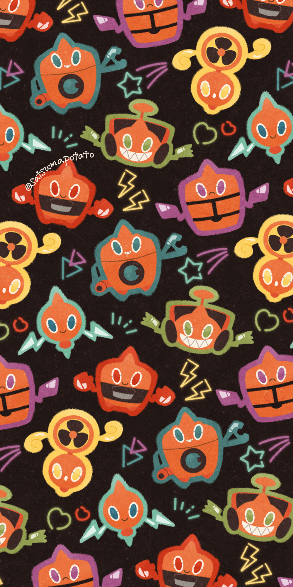 1other ambiguous_gender black_background blue_eyes electric_fan gen_4_pokemon grin heart highres lawnmower lightning_bolt_symbol microwave nintendo no_humans pokemon purple_eyes red_eyes refrigerator rotom rotom_(fan) rotom_(frost) rotom_(heat) rotom_(mow) rotom_(normal) rotom_(wash) satsumapotato sharp_teeth shooting_star signature smile teeth triangle washing_machine yellow_eyes