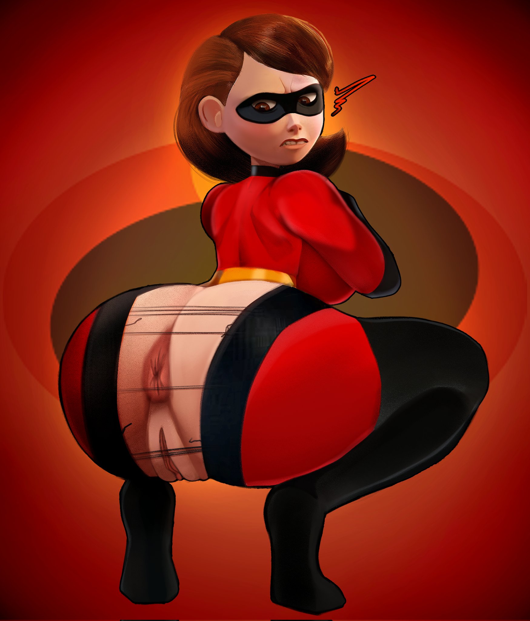 1girl ass black_bodysuit black_thighhighs bodysuit brown_eyes brown_hair crbtps elastigirl helen_parr highres looking_back puckered_anus pussy red_bodysuit short_hair solo squatting superhero_costume the_incredibles thighhighs tiptoes torn_bodysuit torn_clothes two-tone_bodysuit