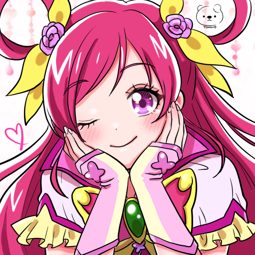 1girl arm_warmers artist_logo artist_name blush butterfly_brooch closed_mouth cure_dream dress flower hair_flower hair_ornament hair_ribbon hair_rings heart logo long_hair magical_girl moro_precure one-hour_drawing_challenge one_eye_closed pink_dress pink_eyes pink_hair pink_vest precure ribbon short_sleeves solo upper_body vest yellow_ribbon yes!_precure_5 yes!_precure_5_gogo! yumehara_nozomi