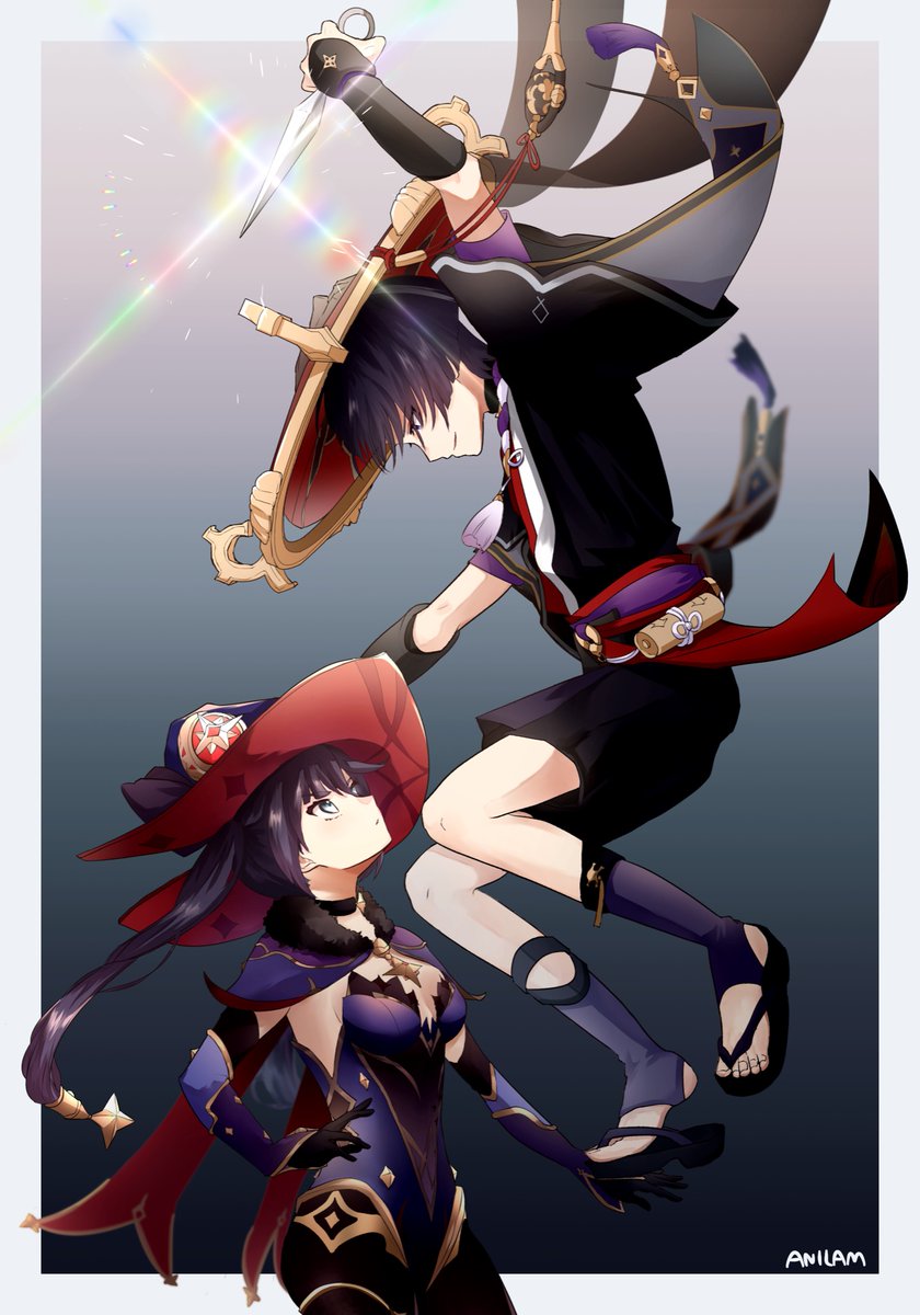1boy 1girl arm_up armor arms_at_sides artist_name black_bow black_choker black_gloves black_hair black_kimono black_pantyhose black_sandals black_shorts black_sleeves black_veil blue_eyes blunt_ends bodystocking border bow breasts cape choker clenched_hand closed_mouth crescent crescent_hat_ornament detached_sleeves diffraction_spikes elbow_gloves falling fur_collar furisode genshin_impact gloves gold gold_trim half-closed_eyes han&#039;eri hat hat_bow hat_ornament highleg highleg_leotard highres holding holding_kunai holding_weapon imminent_stabbing japanese_armor japanese_clothes jingasa kimono kote kunai kurokote layered_kimono layered_sleeves leggings lens_flare leotard long_hair looking_at_another looking_down looking_up medium_breasts mona_(genshin_impact) monochrome_background multicolored_hair o-ring open_hands outstretched_arm pantyhose parted_lips ponytail_holder purple_eyes purple_hat purple_leggings purple_leotard purple_rope purple_sash purple_sleeves red_cape red_hat red_kimono red_sash remind_lam22 rope sandals sash scaramouche_(genshin_impact) see-through_clothes see-through_veil shimenawa short_sleeves shorts sideboob sidelocks sideways_mouth star_(symbol) star_choker star_hat_ornament star_pendant stirrup_legwear streaked_hair tassel toeless_legwear toenails toes tsurime twintails two-sided_fabric two-sided_headwear veil weapon white_border white_hair white_kimono white_rope white_trim wispy_bangs witch_hat zouri