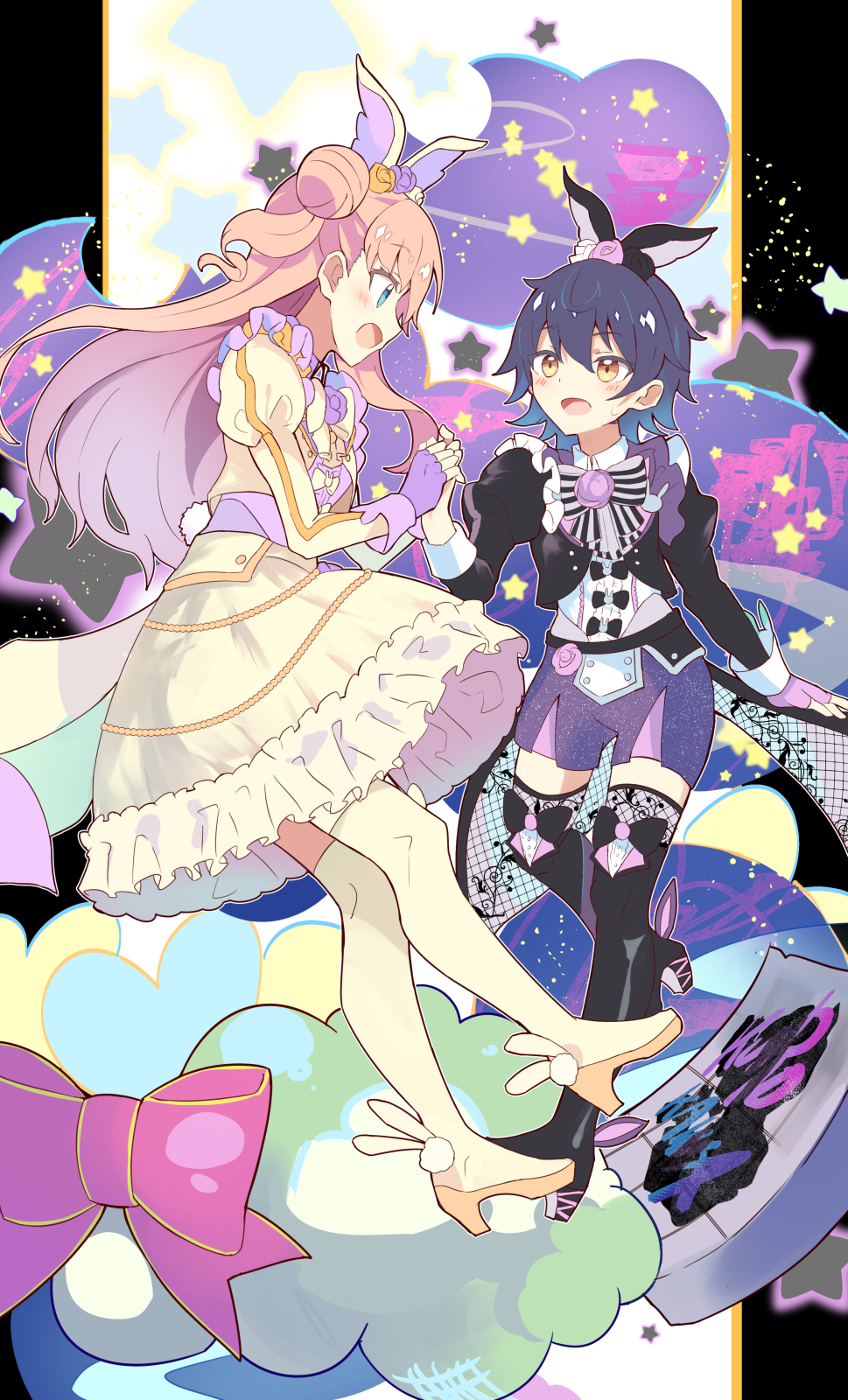2girls 2windrill black_thighhighs commentary_request double_bun dress eye_contact full_body hair_bun high_heels highres holding_hands kanamori_maria kiratto_pri_chan kurokawa_suzu long_hair looking_at_another multiple_girls open_mouth pink_hair pretty_series purple_shorts short_hair shorts smile thighhighs yellow_dress yellow_thighhighs