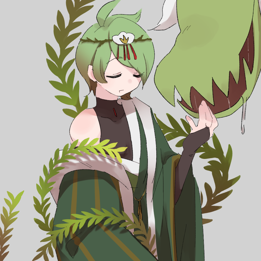 1boy ahoge alternate_costume bare_shoulders black_gauntlets black_shirt bridal_gauntlets brown_hair chest_jewel closed_eyes collarbone cookie_run drooling flower gem gradient_hair green_hair green_kimono green_robe grey_background hair_flower hair_ornament hand_up herb_cookie humanization japanese_clothes kimono layered_clothes layered_kimono m_ccc_chi male_focus multicolored_hair multicolored_robe niwa_(niwa827) off-shoulder_robe off_shoulder official_alternate_costume open_mouth plant raised_eyebrow red_gemstone robe shirt short_hair simple_background sleeveless sleeveless_shirt sleeveless_turtleneck smile tagme tassel tassel_hair_ornament turtleneck turtleneck_shirt two-tone_hair upper_body venus_flytrap vines white_kimono white_trim wreath yellow_robe