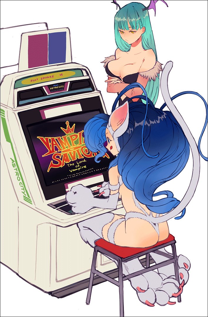2girls animal_hands aqua_hair arcade_cabinet ass astro_city black_border blue_eyes blue_hair border breasts cat_tail cleavage commentary_request felicia_(darkstalkers) head_wings kazeto long_hair morrigan_aensland multiple_girls playing_games simple_background tail tongue tongue_out unamused darkstalkers vampire_savior:_the_lord_of_vampire white_background wings yellow_eyes