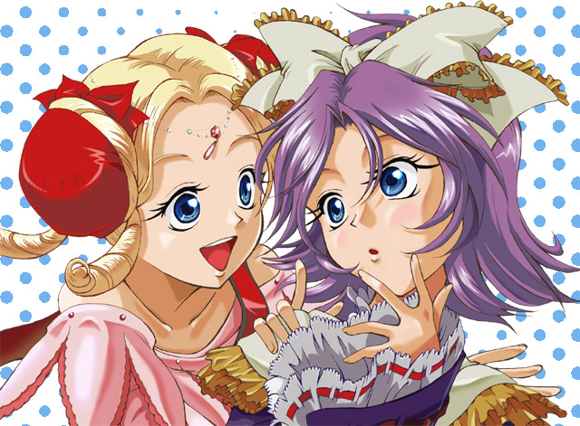 2girls bad_id bad_pixiv_id banpresto blonde_hair blue_eyes bun_cover double_bun frills furuya_masashi hair_bun hair_ribbon latune_subbota multiple_girls open_mouth purple_hair ribbon shine_hausen super_robot_wars super_robot_wars_original_generation
