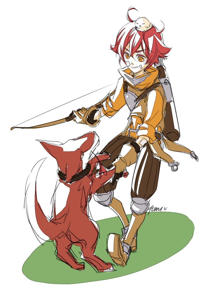 1boy animal animal_on_head archer_(ragnarok_online) bandaid bandaid_on_cheek bandaid_on_face bird bird_on_head boots bow_(weapon) brown_boots brown_eyes brown_gloves brown_shirt brown_shorts brown_vest chick desert_wolf_(ragnarok_online) full_body fumiddition gloves grin holding holding_bow_(weapon) holding_weapon long_sleeves male_focus muneate on_head quiver ragnarok_online red_hair shirt short_hair shorts simple_background smile solo standing vest weapon white_background wolf