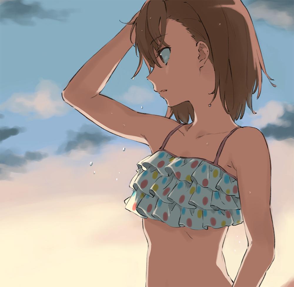 1girl arm_up armpit_peek backlighting bare_arms bare_shoulders bikini brown_eyes brown_hair cloud collarbone commentary_request female_focus frilled_bikini frilled_bikini_top frills from_behind hair_between_eyes hand_on_own_head looking_away misaka_mikoto multicolored_polka_dots parted_lips polka_dot polka_dot_bikini polka_dot_bikini_top ruffle_bikini short_hair sky solo stomach sunset swimsuit teruya_(6w6y) toaru_kagaku_no_railgun toaru_majutsu_no_index upper_body water_drop wet wet_hair white_bikini