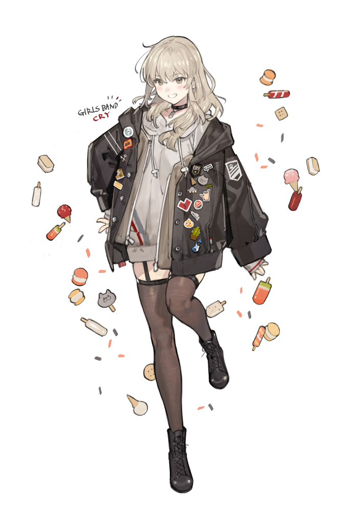 1girl black_boots black_choker black_jacket black_thighhighs boots candy choker commentary cookie copyright_name drawstring english_commentary food full_body garter_straps girls_band_cry grey_eyes grey_hoodie grin hood hoodie ice_cream ice_cream_cone ice_cream_sandwich jacket jewelry kawaragi_momoka light_brown_hair long_hair looking_at_viewer necklace open_clothes open_jacket open_mouth popsicle revision simple_background skindentation smile solo standing standing_on_one_leg starshadowmagician thighhighs white_background