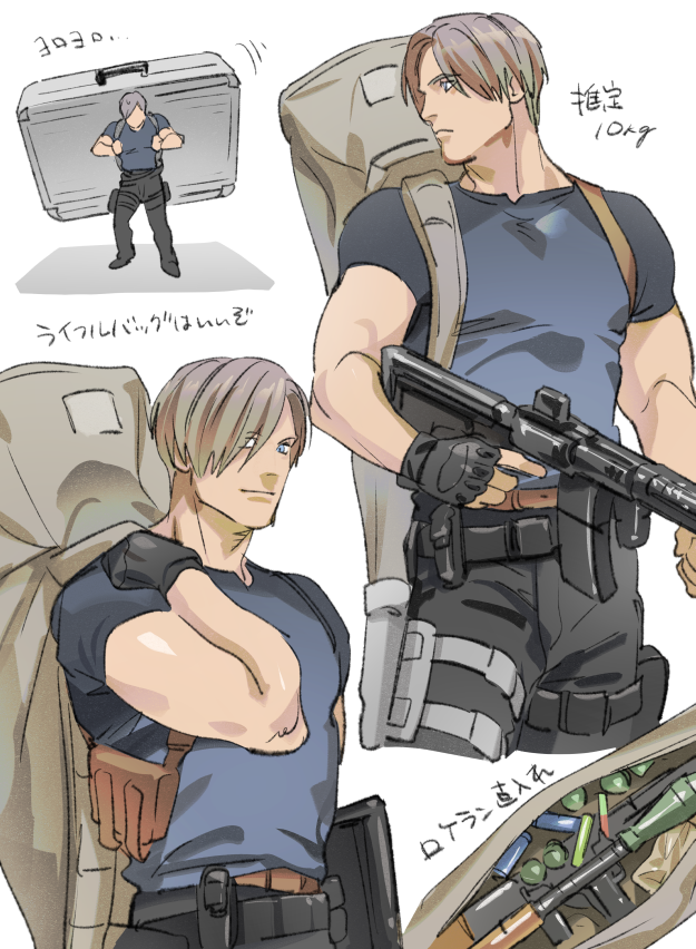 1boy assault_rifle backpack bag blue_eyes brown_hair commentary_request electronic_firearm explosive fingerless_gloves frown gloves grenade gun hand_grenade holding holding_gun holding_suitcase holding_weapon holster leon_s._kennedy less-than-lethal_weapon male_focus muscular muscular_male pouch resident_evil resident_evil_4 resident_evil_4_(remake) rifle rocket-propelled_grenade rocket_(projectile) rocket_launcher rpg rpg-7 rpg_(weapon) shoulder_holster smile stun_grenade suitcase tatsumi_(psmhbpiuczn) thigh_pouch translation_request trigger_discipline weapon