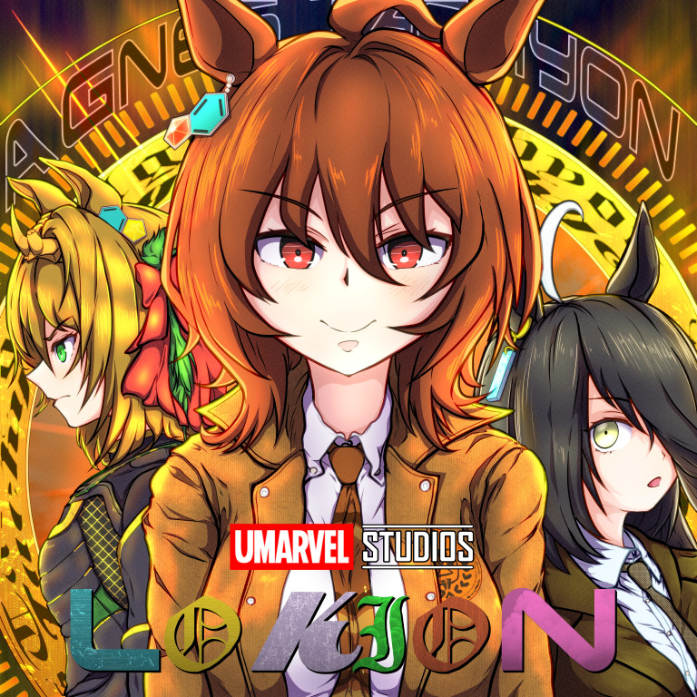 3girls agnes_tachyon_(umamusume) ahoge alternate_eye_color alternate_hair_color black_hair blonde_hair bow brown_eyes brown_hair brown_necktie chemical_structure coat collared_shirt cosplay ctn_sasuke dark_persona dual_persona earrings green_eyes hair_bow hair_over_one_eye horns horse_girl jewelry loki_(2021_tv_series) loki_(disney+) loki_(marvel) long_bangs looking_at_viewer manhattan_cafe_(umamusume) marvel marvel_cinematic_universe medium_hair multicolored_hair multiple_girls necktie ravonna_renslayer ravonna_renslayer_(cosplay) shirt single_earring trench_coat two-tone_hair umamusume white_hair white_shirt yellow_eyes