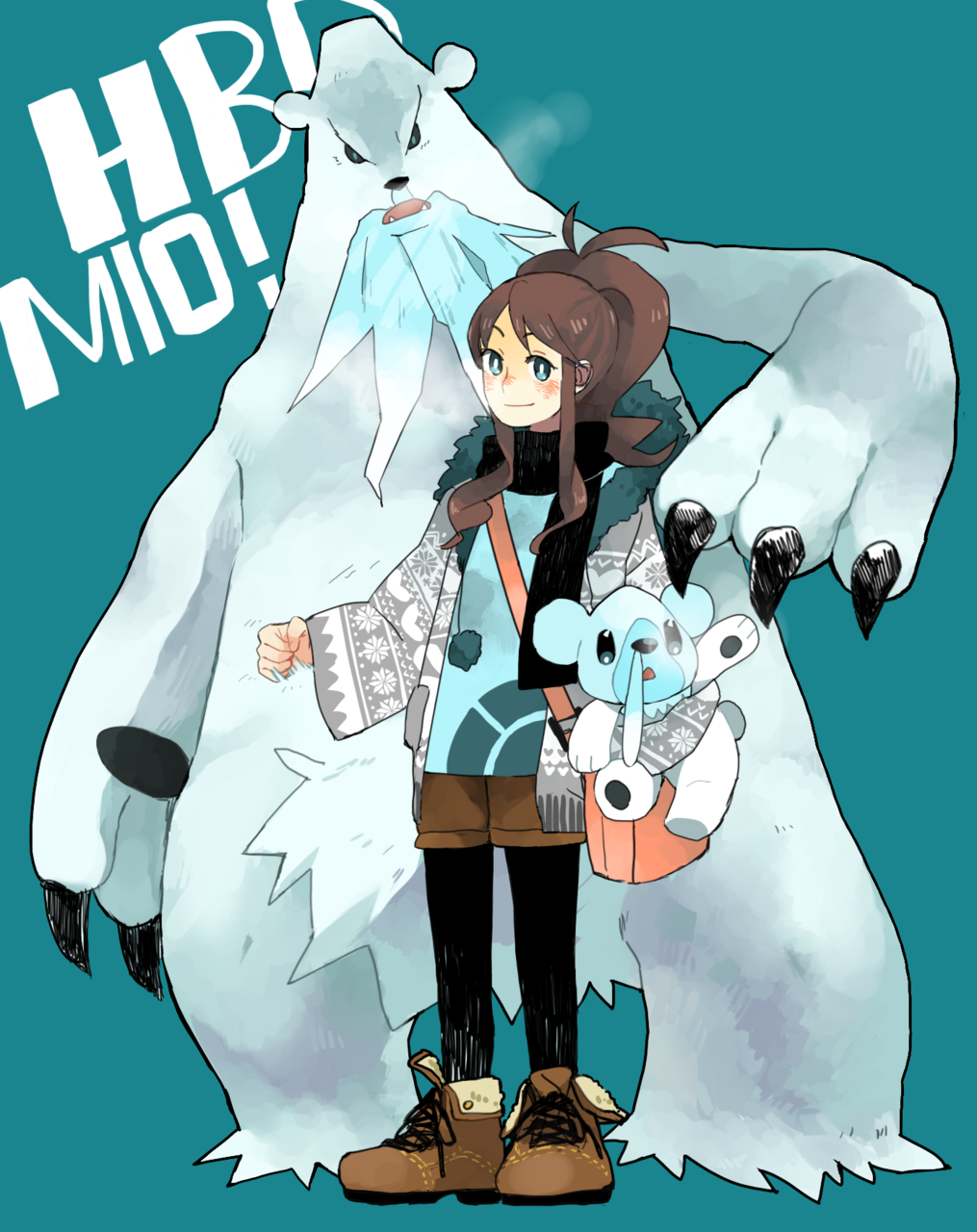 10s 1girl alternate_costume animal aqua_background bad_id bad_tumblr_id bag bear beartic black_pantyhose blue_background blue_eyes blush breath brown_hair claws coat cold cubchoo evolutionary_line fur_trim gen_5_pokemon highres hilda_(pokemon) long_hair long_sleeves nintendo no_headwear nose_blush pantyhose pokemon pokemon_(creature) pokemon_bw polar_bear ponytail sanigo scarf shoes shorts shoulder_bag size_difference smile standing wide_sleeves winter_clothes