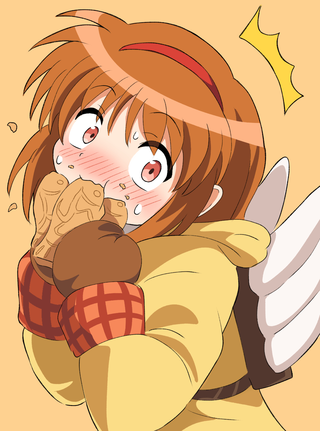 1girl :t ^^^ angel_wings backpack bag brown_hair brown_mittens caught closed_mouth coat commentary eating embarrassed fake_wings food food_on_face from_side hairband hands_up highres holding holding_food hood hood_down kanon looking_at_viewer medium_hair mittens orange_background red_eyes red_hairband silky_(silky_illust) simple_background solo surprised sweatdrop taiyaki tareme tsukimiya_ayu upper_body wagashi white_wings wide-eyed wings yellow_coat