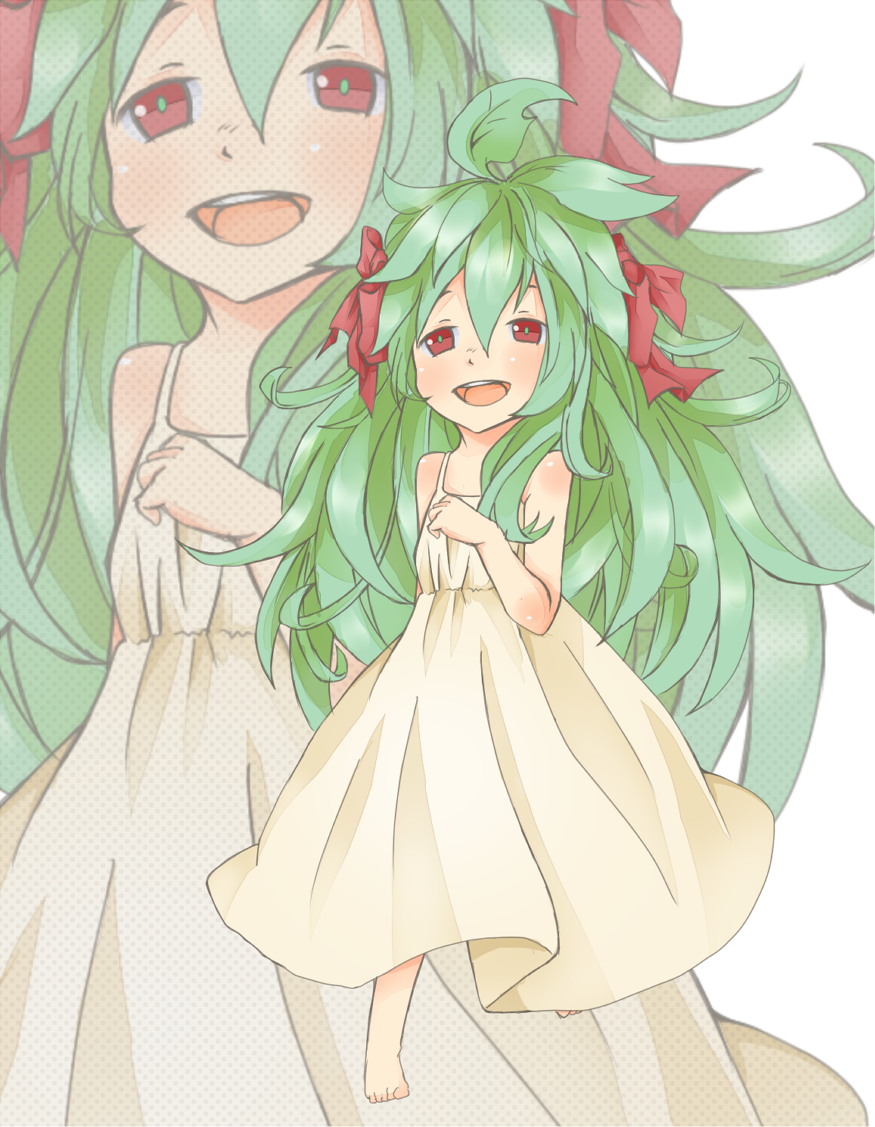 1girl barefoot blush bow commentary_request dress full_body green_hair hair_bow lif_(ragnarok_online) long_hair looking_at_viewer meiko_(nattu303) open_mouth plant_hair ragnarok_online red_bow red_eyes simple_background smile solo sundress very_long_hair white_background white_dress zoom_layer