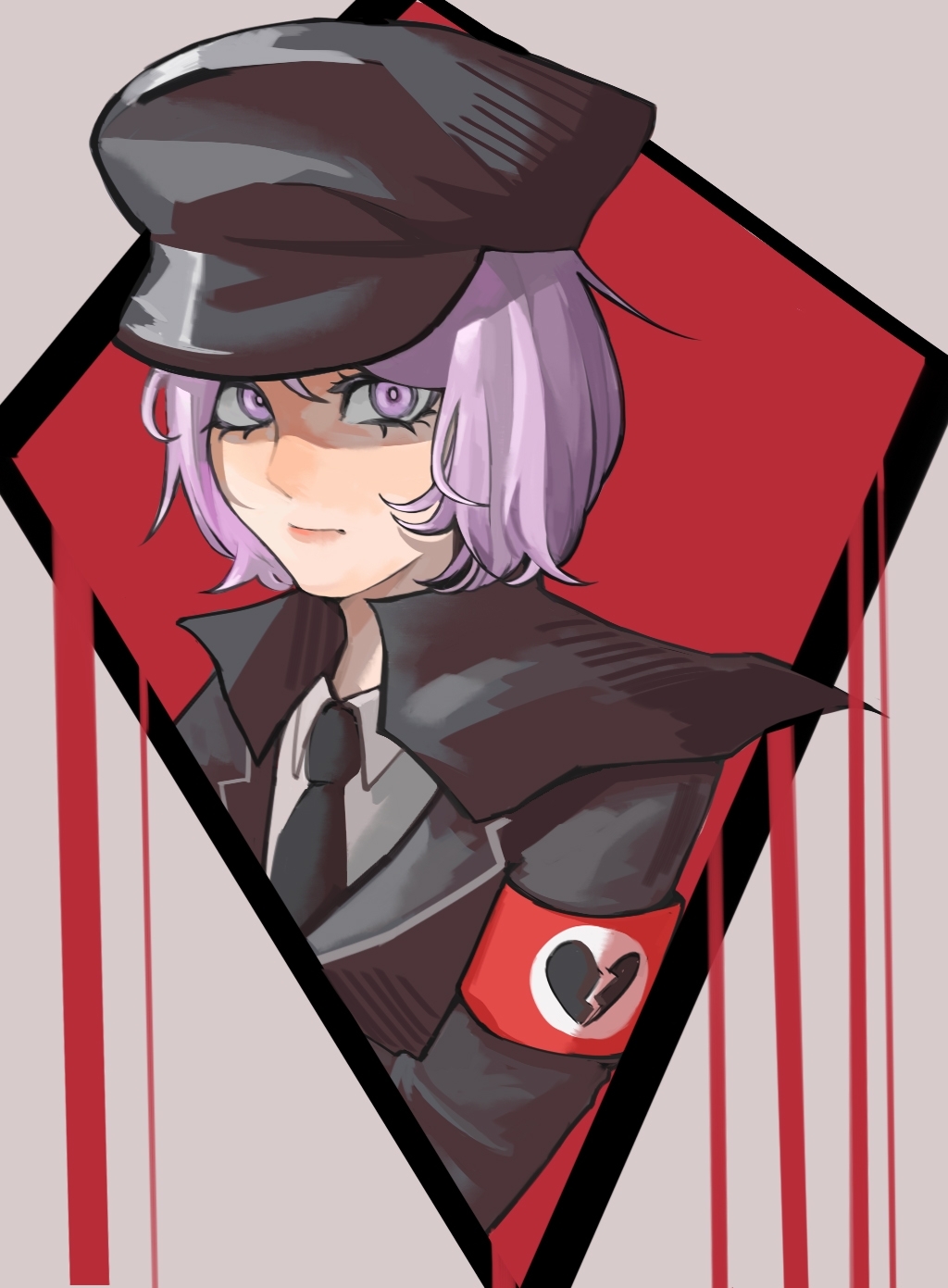 1girl armband black_hat black_necktie broken_heart_print closed_mouth collared_shirt commentary cookie_(touhou) dripping expressionless geru_futota grey_background hat highres looking_at_viewer military_uniform mohu812855 nazi necktie purple_eyes purple_hair remilia_scarlet shaded_face shirt short_hair solo touhou upper_body white_shirt