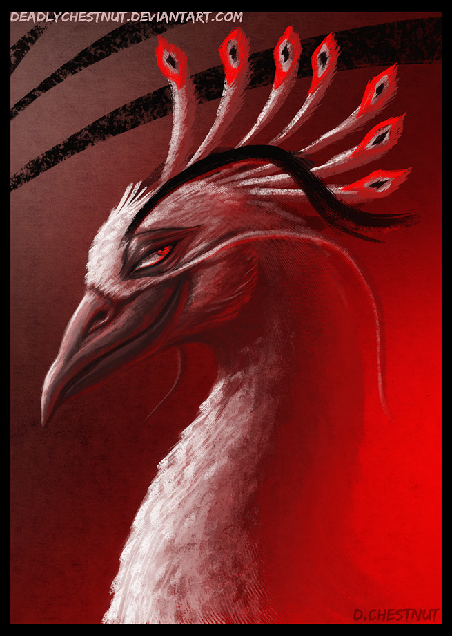 1boy artist_name bird deadlychestnut deviantart_username facial_hair gradient_background kung_fu_panda lord_shen male_focus mustache no_humans peacock portrait profile red_eyes red_theme smirk solo