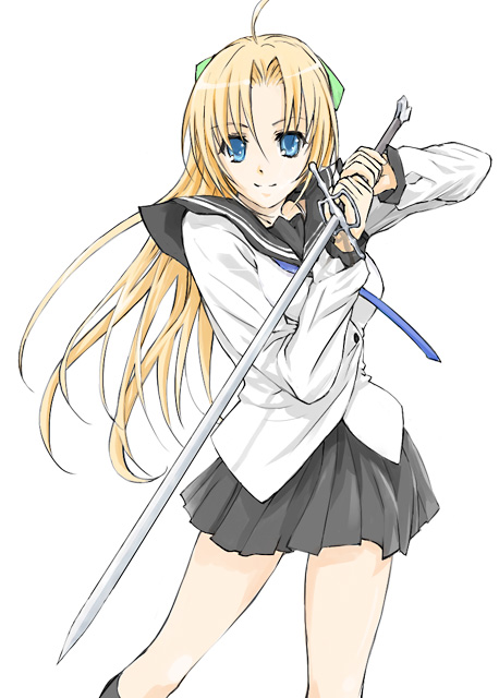 00s 1girl bad_id bad_pixiv_id female_focus funeral_(artist) kampfer sakura_kaede school_uniform serafuku smile solo sumisi sword weapon