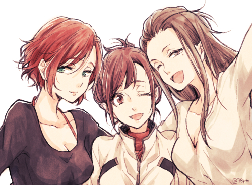 10s 3girls ;d bad_id bad_pixiv_id breasts brown_eyes brown_hair cleavage girl_sandwich green_eyes jacket long_hair looking_at_viewer lowres medium_breasts mila_babicheva mole mole_under_eye multiple_girls naho_(pi988y) nishigoori_yuuko okukawa_minako one_eye_closed open_mouth reaching reaching_towards_viewer red_hair sandwiched selfie short_hair smile track_jacket yuri!!!_on_ice