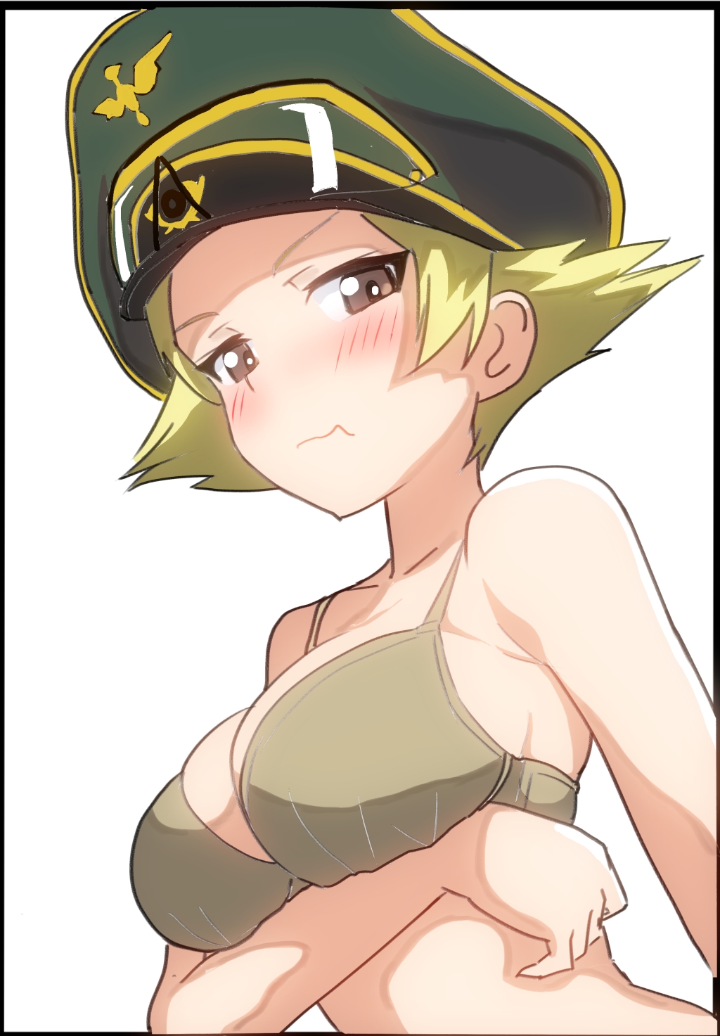 1girl blonde_hair blush bra breasts brown_bra brown_eyes cleavage closed_mouth erwin_(girls_und_panzer) girls_und_panzer hat highres large_breasts looking_at_viewer mal_(malmlamal) military_hat short_hair simple_background solo underwear white_background