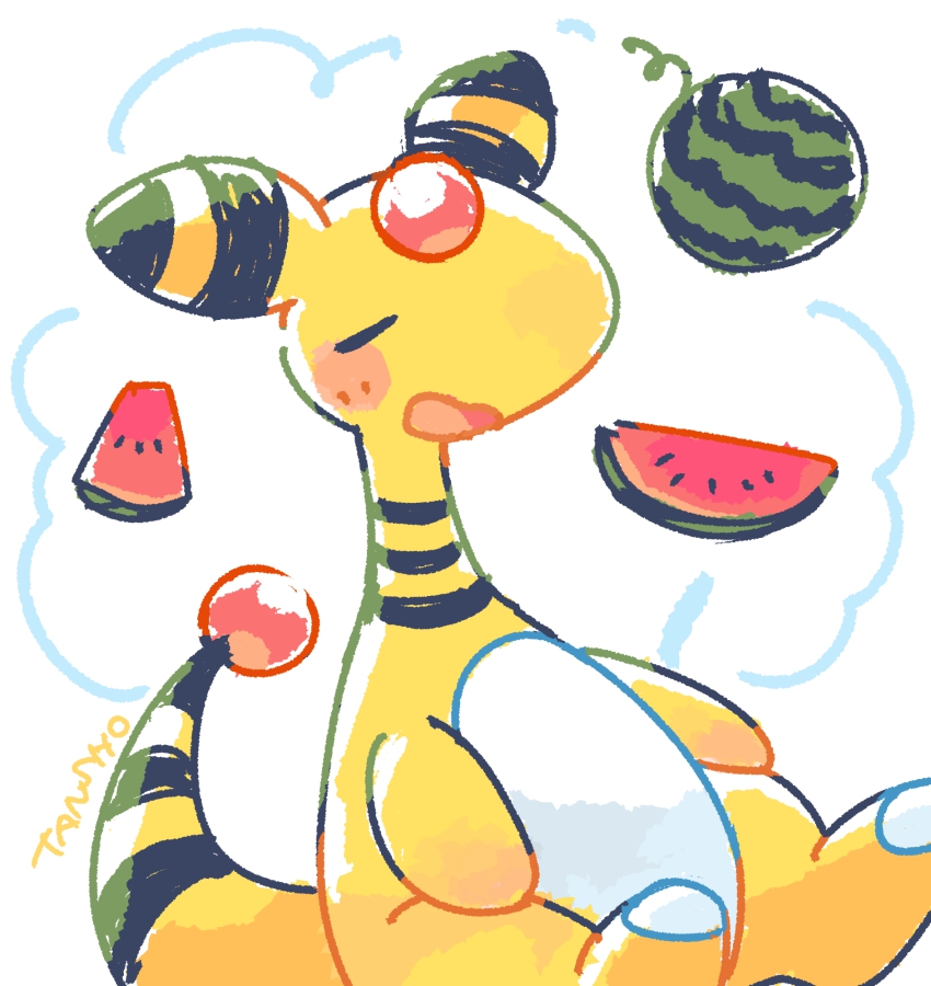 ampharos blush blush_stickers closed_eyes food fruit gen_2_pokemon nintendo open_mouth pokemon pokemon_(creature) sitting solo tansho watermelon