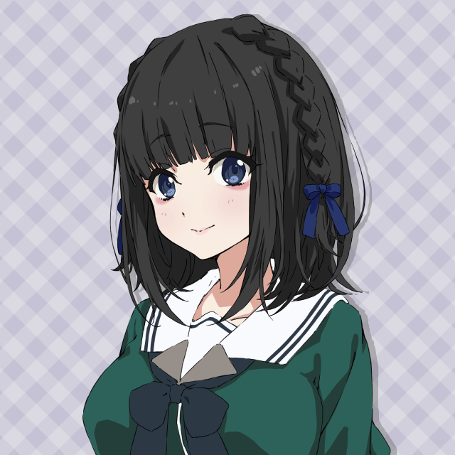 1girl 22/7 22/7_ongaku_no_jikan arm_behind_back black_bow black_bowtie black_hair blue_bow blue_eyes blunt_bangs bow bowtie braid breasts checkered_background closed_mouth drop_shadow green_shirt hair_bow long_hair long_sleeves looking_at_viewer medium_breasts nanasaki_shion official_art portrait rokubanchou_school_uniform sailor_collar school_uniform serafuku shirt side_braid smile solo white_sailor_collar winter_uniform