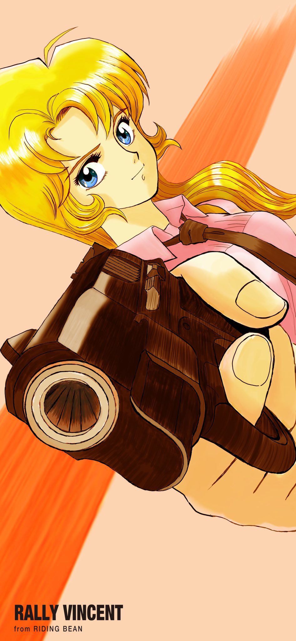 1girl aiming aiming_at_viewer blonde_hair blue_eyes breasts character_name closed_mouth commentary copyright_name cz_75 dutch_angle english_commentary eyelashes finger_on_trigger gun hair_over_shoulder handgun highres holding holding_gun holding_weapon liqueur_(retroot1) long_hair looking_at_viewer marker_(medium) medium_breasts mixed-language_commentary orange_background pink_shirt rally_vincent_(riding_bean) riding_bean shirt solo swept_bangs traditional_media upper_body weapon