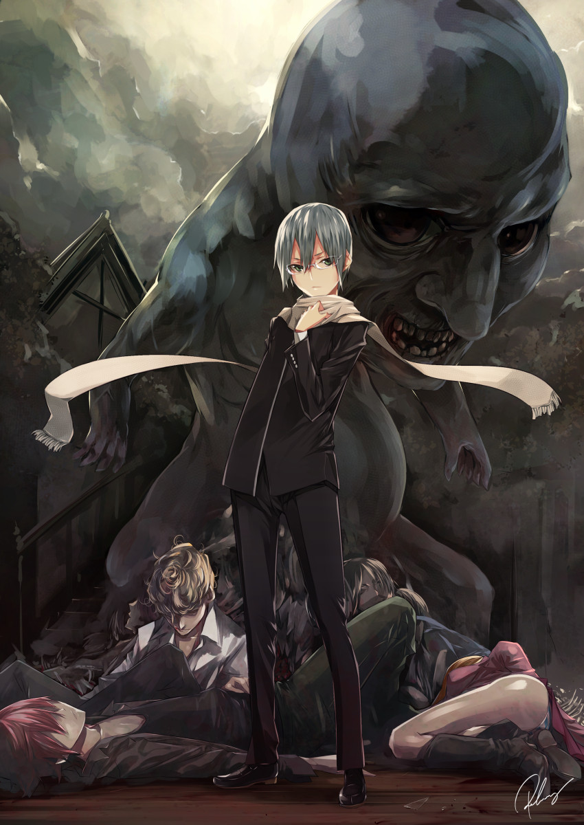 1girl 3boys ao_oni artist_name blonde_hair brown_hair green_eyes highres hiroshi_(ao_oni) lying mika_(ao_oni) multiple_boys open_mouth panties re_lucy red_hair scarf silver_hair takeshi_(ao_oni) takurou_(ao_oni) the_oni_(ao_oni) underwear white_panties