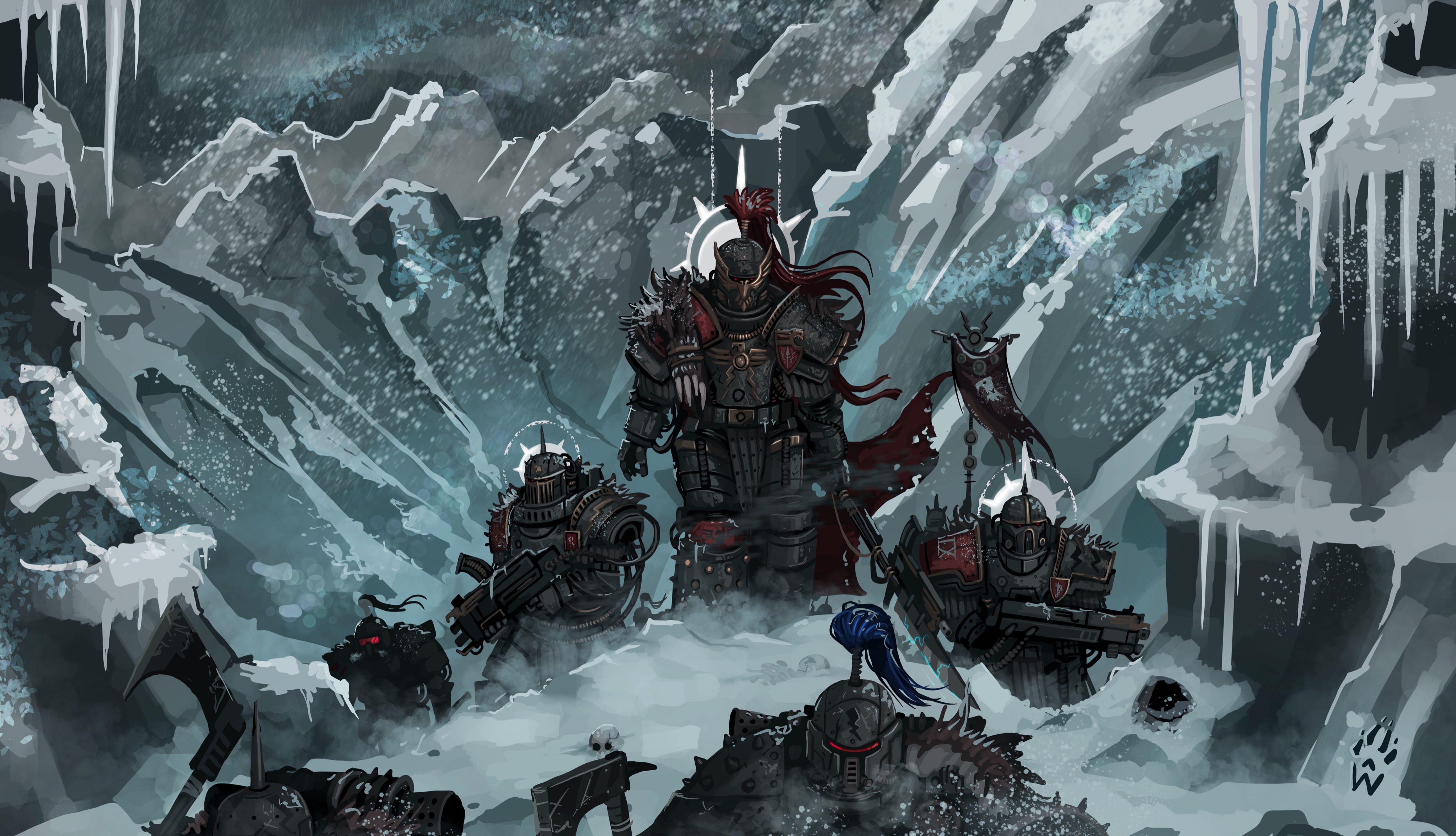 6+boys absurdres adeptus_custodes armor artist_logo axe banner battle_standard blue_plume breastplate cable cape climbing cloak cloud cloudy_sky combat_helmet commentary constantin_valdor eagle_head_(ornament) energy_spear english_commentary full_armor full_body gauntlets greaves grey_armor halo helmet highres himalayas holding holding_axe holding_bolter holding_polearm holding_weapon icicle imperial_aquila imperium_of_man lightning_bolt_symbol logo magazine_(weapon) male_focus mountain mountainous_horizon multiple_boys outdoors pauldrons pelt pelvic_curtain pickelhaube plume polearm power_armor red_cloak red_eyes red_plume roman_numeral shield_print shoulder_armor skeleton skull sky snow snowing spiked_pauldrons thunder_warriors torn_cape torn_clothes vambraces war_banner warhammer_40k weapon white_halo wolfdawg_art