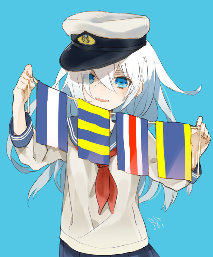 1girl blue_eyes blue_skirt flag grey_hair hat hibiki_(kancolle) kantai_collection long_hair looking_at_viewer military_hat miniskirt neck_ribbon open_mouth red_ribbon ribbon sailor_collar school_uniform serafuku signal_flag simple_background skirt smile solo white_serafuku zizi_(zizioxo)
