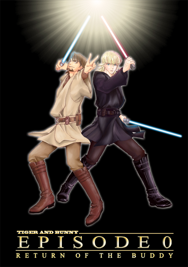 2boys anakin_skywalker anakin_skywalker_(cosplay) bad_id bad_pixiv_id barnaby_brooks_jr. blonde_hair boots brown_eyes brown_hair cosplay energy_sword green_eyes jedi kaburagi_t._kotetsu lightsaber movie_poster multiple_boys obi-wan_kenobi obi-wan_kenobi_(cosplay) parody robe star_wars sword tiger_&amp;_bunny utonikia weapon